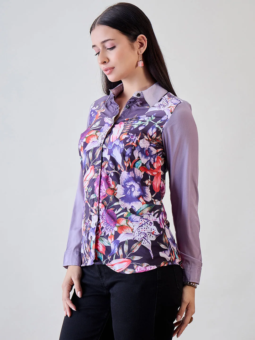 Purple Painted Printed Crepe Button Down Shirt
