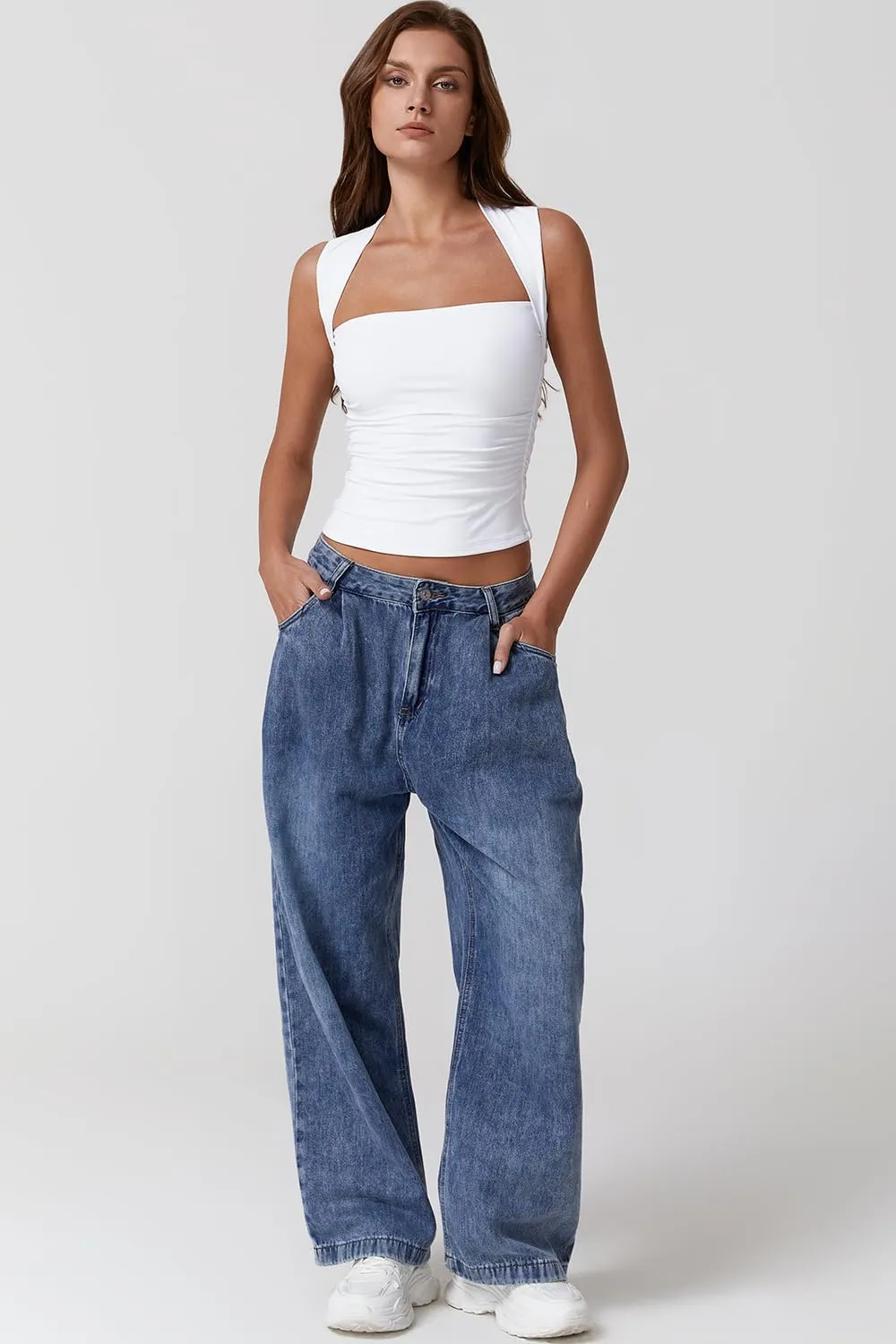 QINSEN Womens Square Neck Tank Tops Side Ruched Double Lined Slim Fit Summer Going Out Crop Top