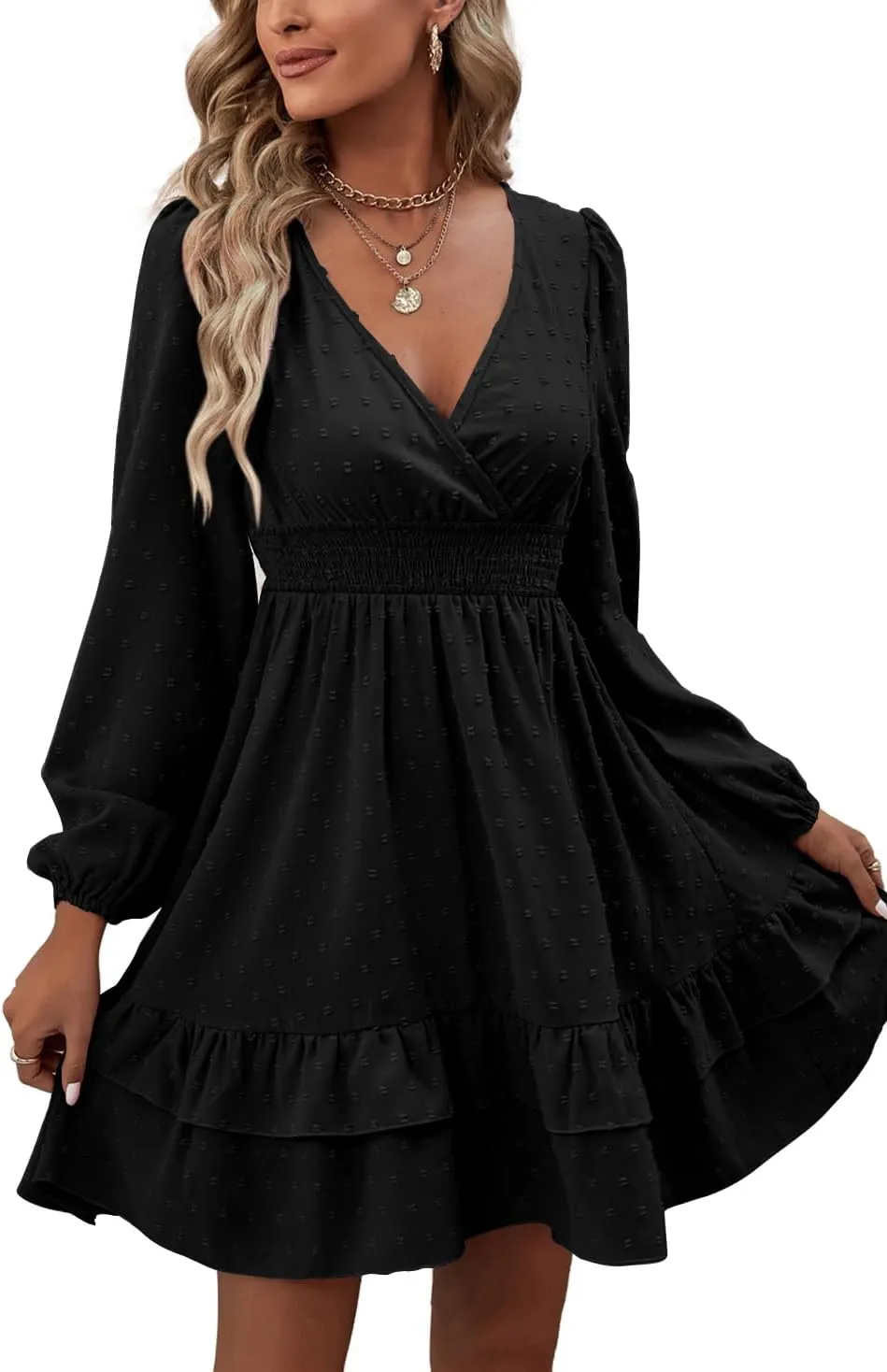 Rooscier Women's Wrap V Neck Swing Ruffle Swiss Dots Long Sleeve Mini Dress