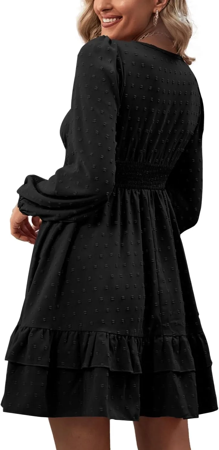 Rooscier Women's Wrap V Neck Swing Ruffle Swiss Dots Long Sleeve Mini Dress