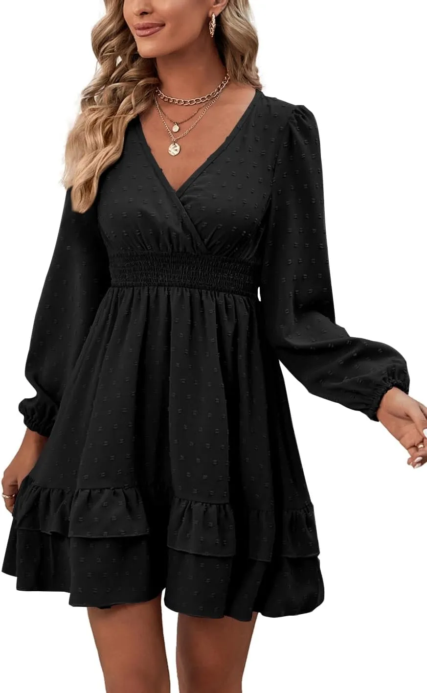 Rooscier Women's Wrap V Neck Swing Ruffle Swiss Dots Long Sleeve Mini Dress
