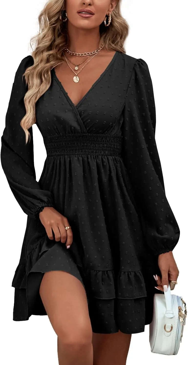 Rooscier Women's Wrap V Neck Swing Ruffle Swiss Dots Long Sleeve Mini Dress