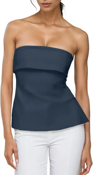 Strapless Tube Tops for Women Backless Going Out Bandeau Top Sexy Trendy Off Shoulder Side Split Summer Bustier Tops
