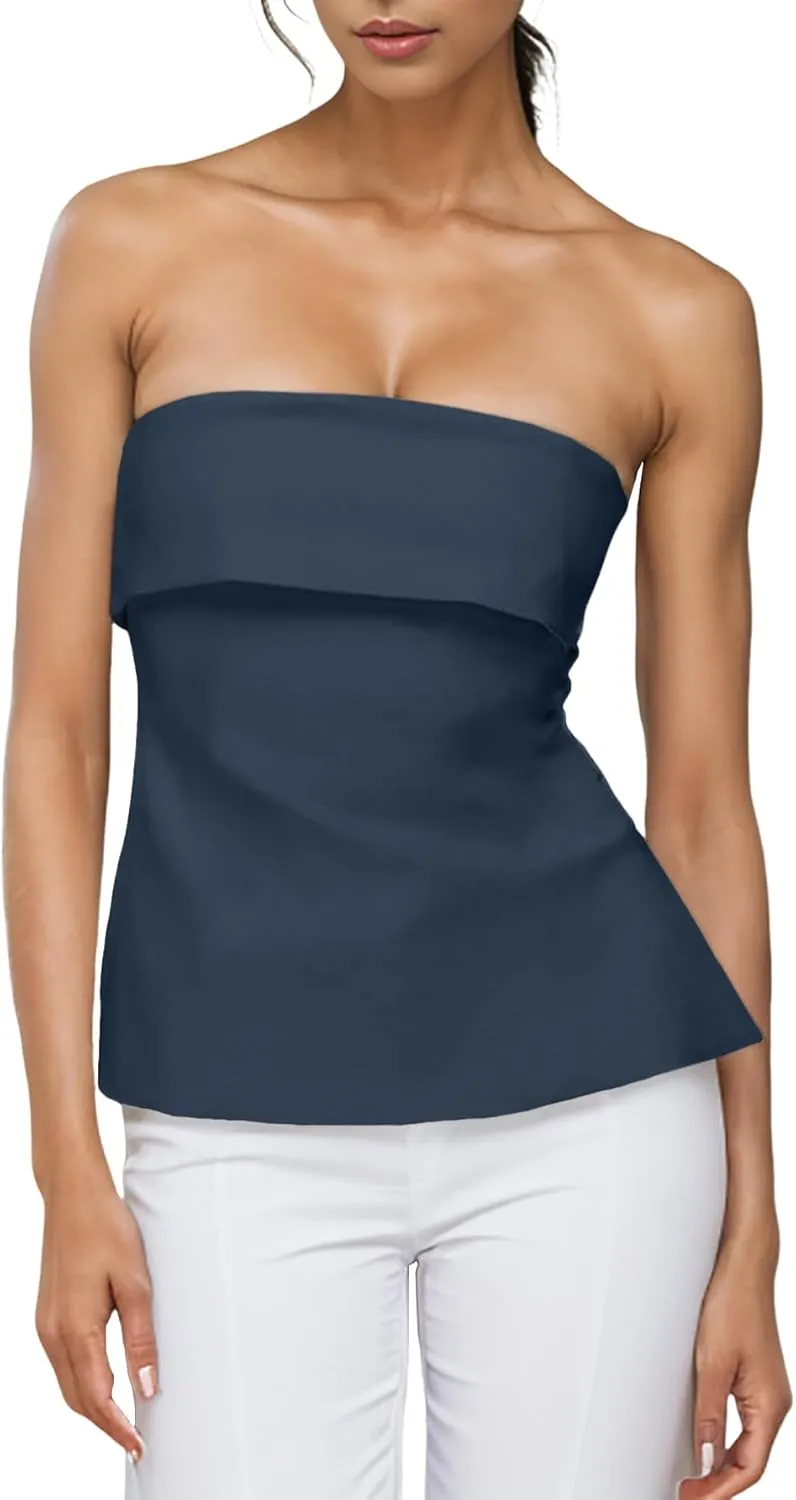 Strapless Tube Tops for Women Backless Going Out Bandeau Top Sexy Trendy Off Shoulder Side Split Summer Bustier Tops