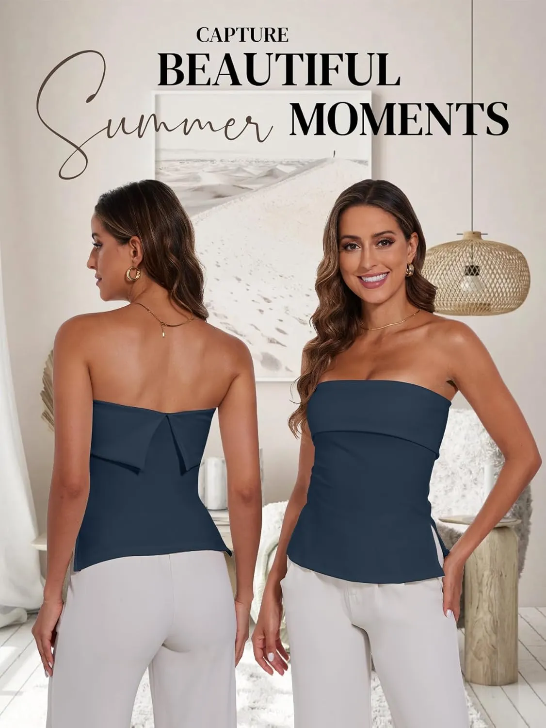 Strapless Tube Tops for Women Backless Going Out Bandeau Top Sexy Trendy Off Shoulder Side Split Summer Bustier Tops