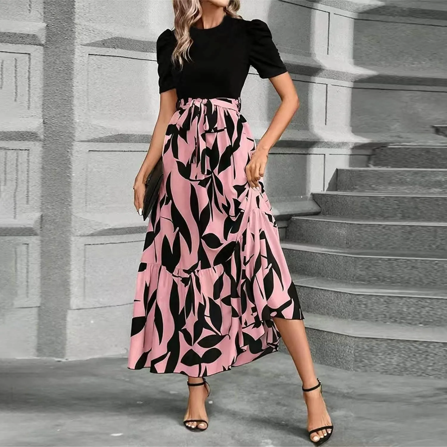 Summer Dresses for Women Empire Waist Tie Tiered Garden Party Dress Short Sleeve Floral Printed Beach Boho Dress