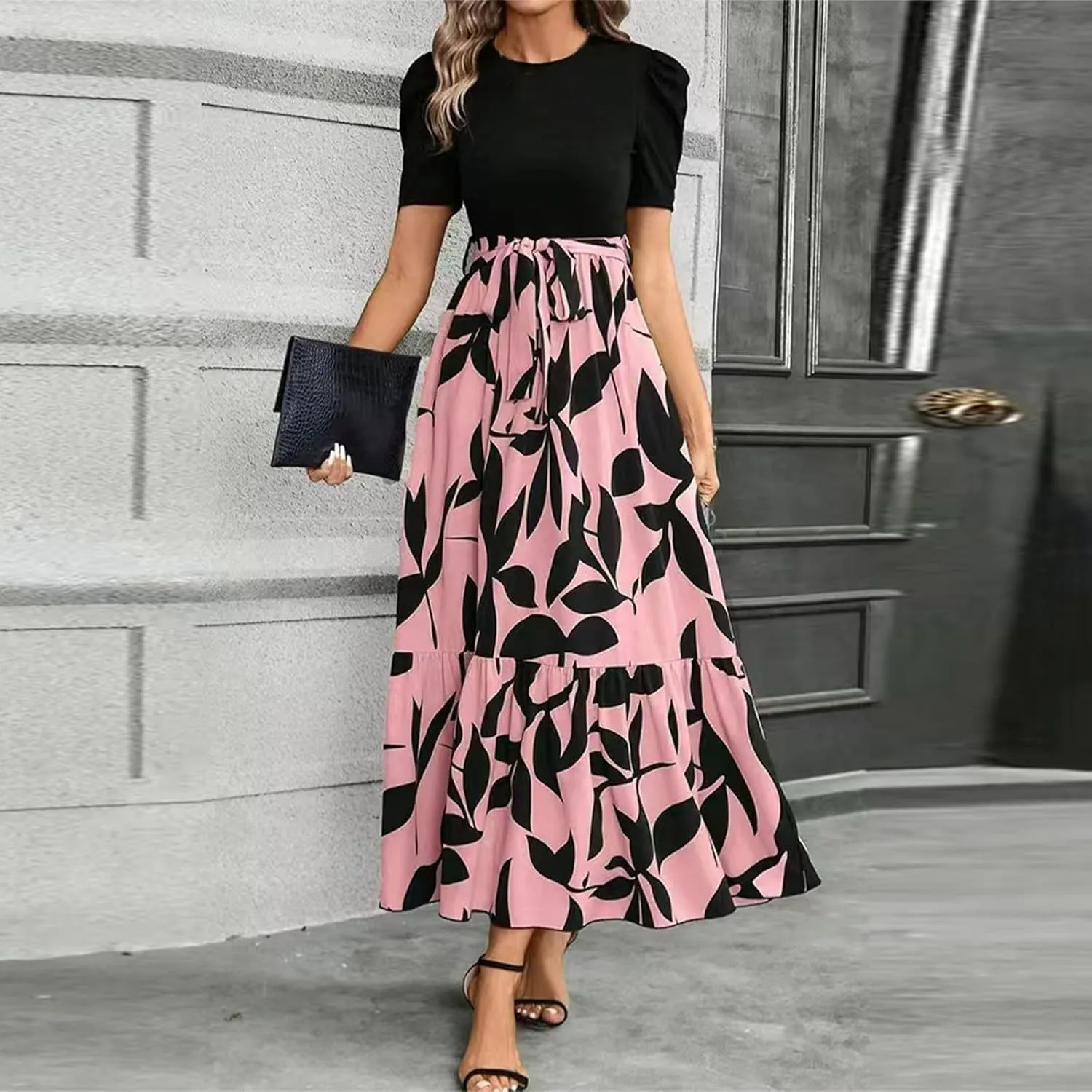 Summer Dresses for Women Empire Waist Tie Tiered Garden Party Dress Short Sleeve Floral Printed Beach Boho Dress