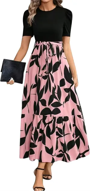 Summer Dresses for Women Empire Waist Tie Tiered Garden Party Dress Short Sleeve Floral Printed Beach Boho Dress