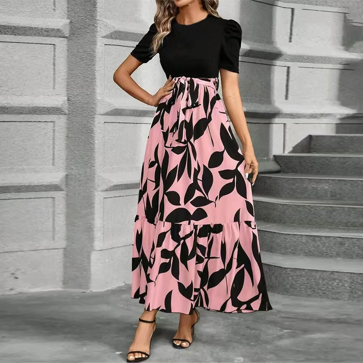 Summer Dresses for Women Empire Waist Tie Tiered Garden Party Dress Short Sleeve Floral Printed Beach Boho Dress