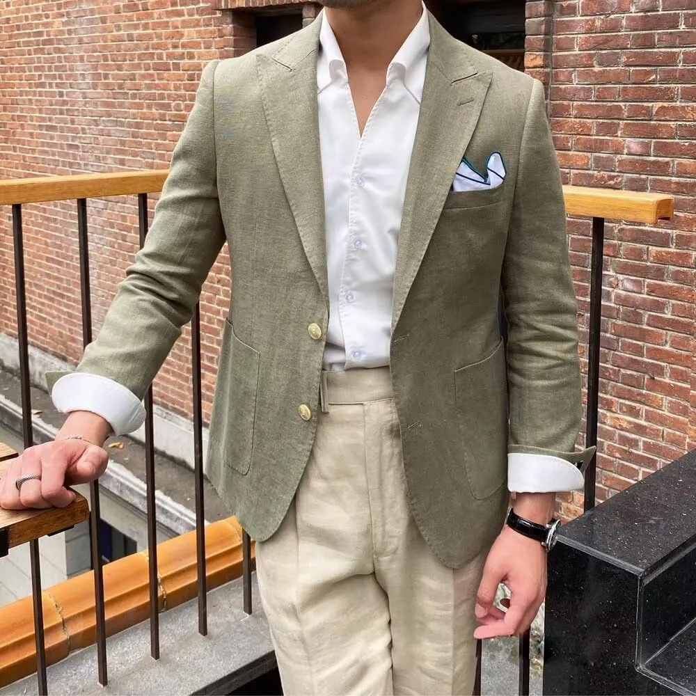 SUZHIMO Mens Causal Linen Blazer Jacket Slim Fit 2 Button Wedding Prom Blazer for Men