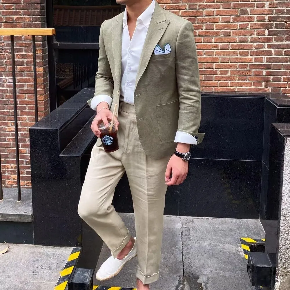 SUZHIMO Mens Causal Linen Blazer Jacket Slim Fit 2 Button Wedding Prom Blazer for Men