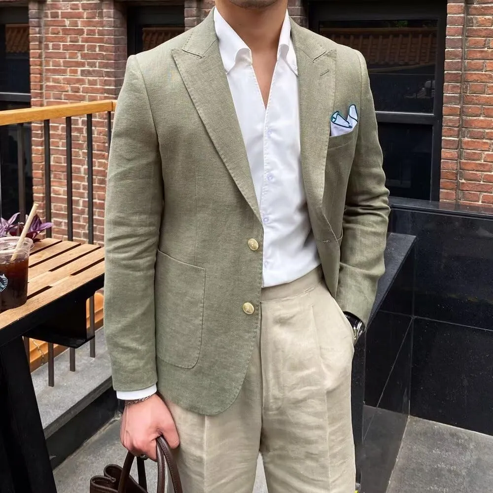 SUZHIMO Mens Causal Linen Blazer Jacket Slim Fit 2 Button Wedding Prom Blazer for Men
