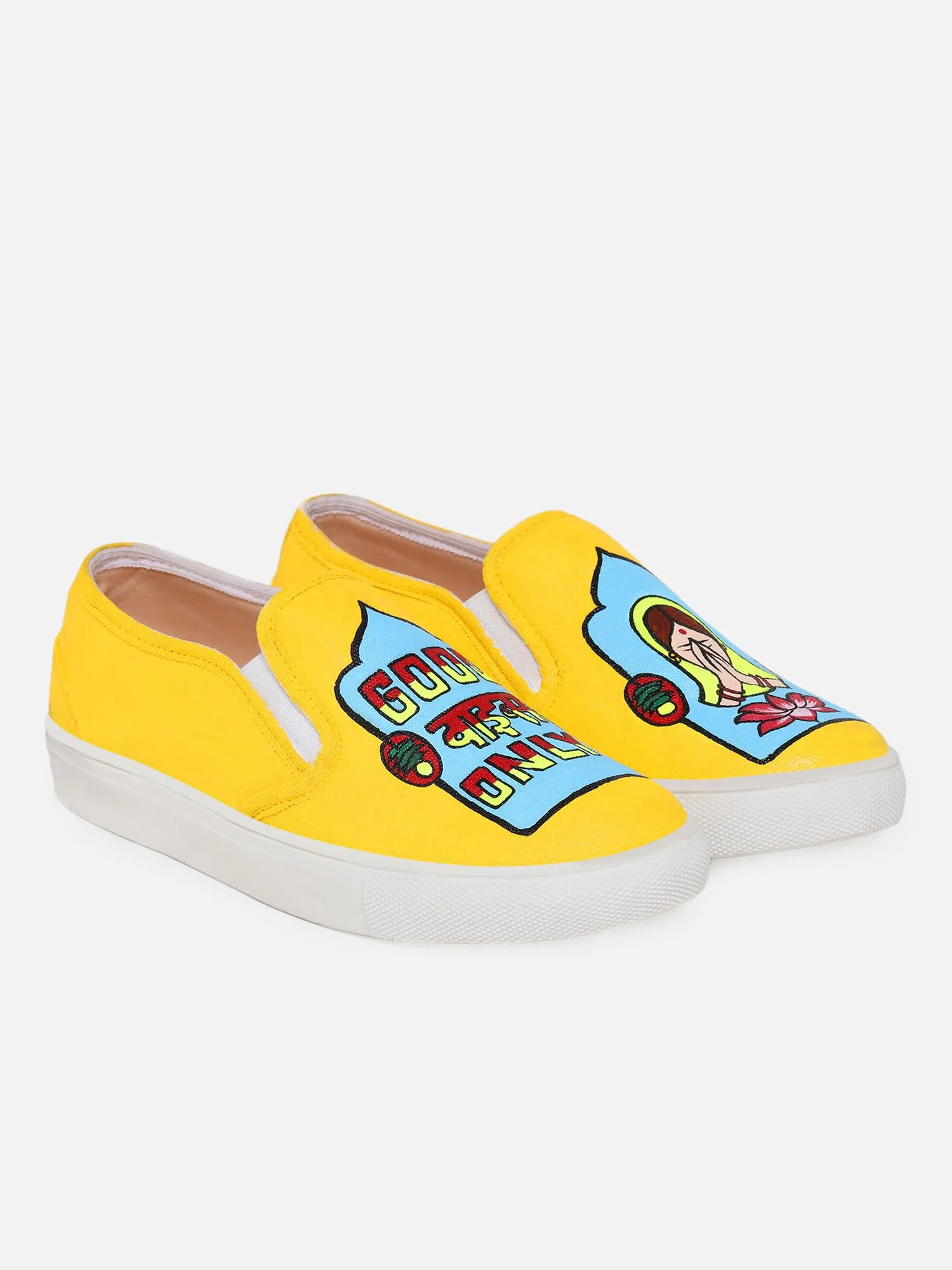 THE QUIRKY NAARI Good Vibes Only Slipons with Some Indian Flair | Yellow | 5 UK