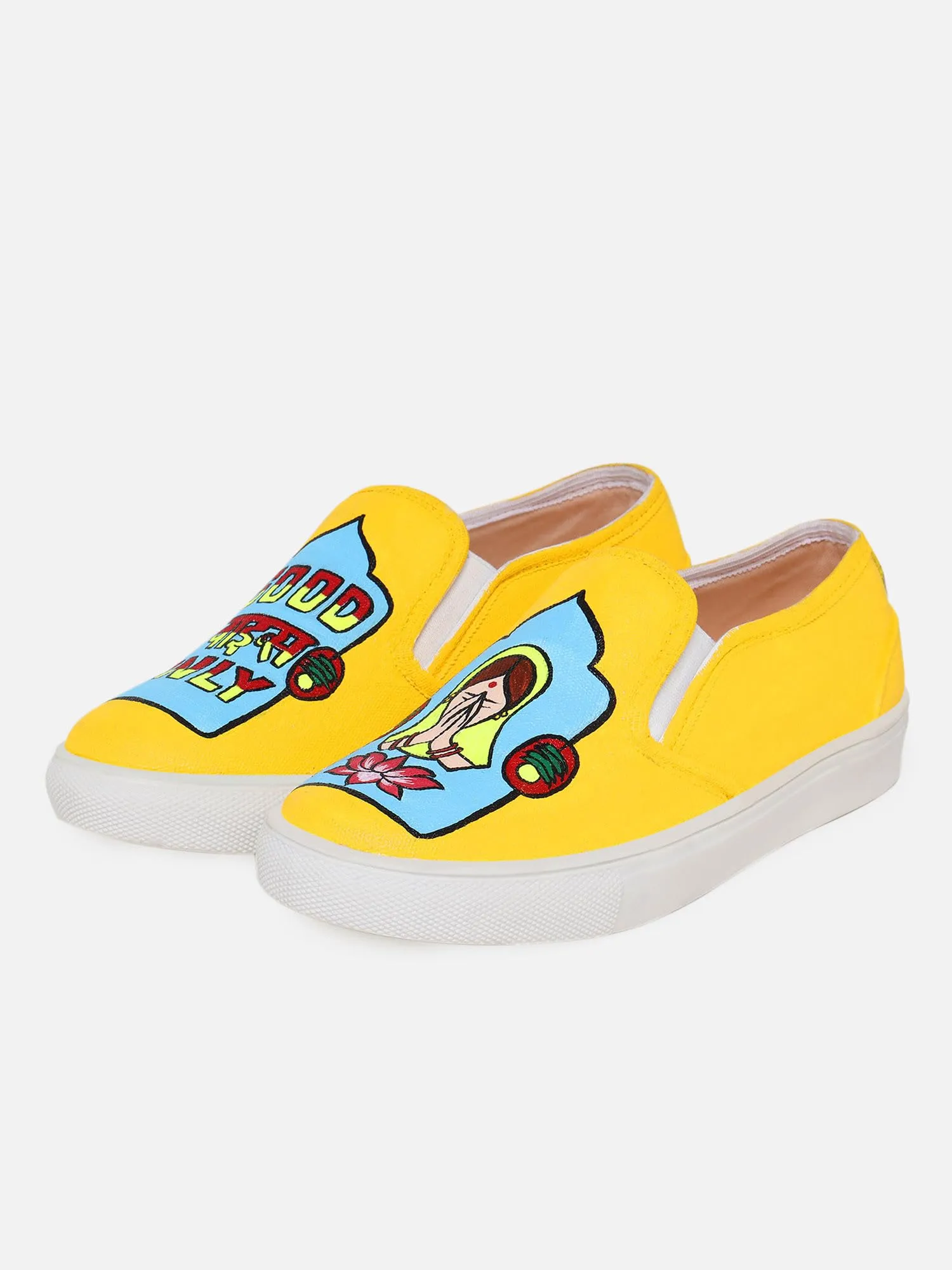 THE QUIRKY NAARI Good Vibes Only Slipons with Some Indian Flair | Yellow | 5 UK