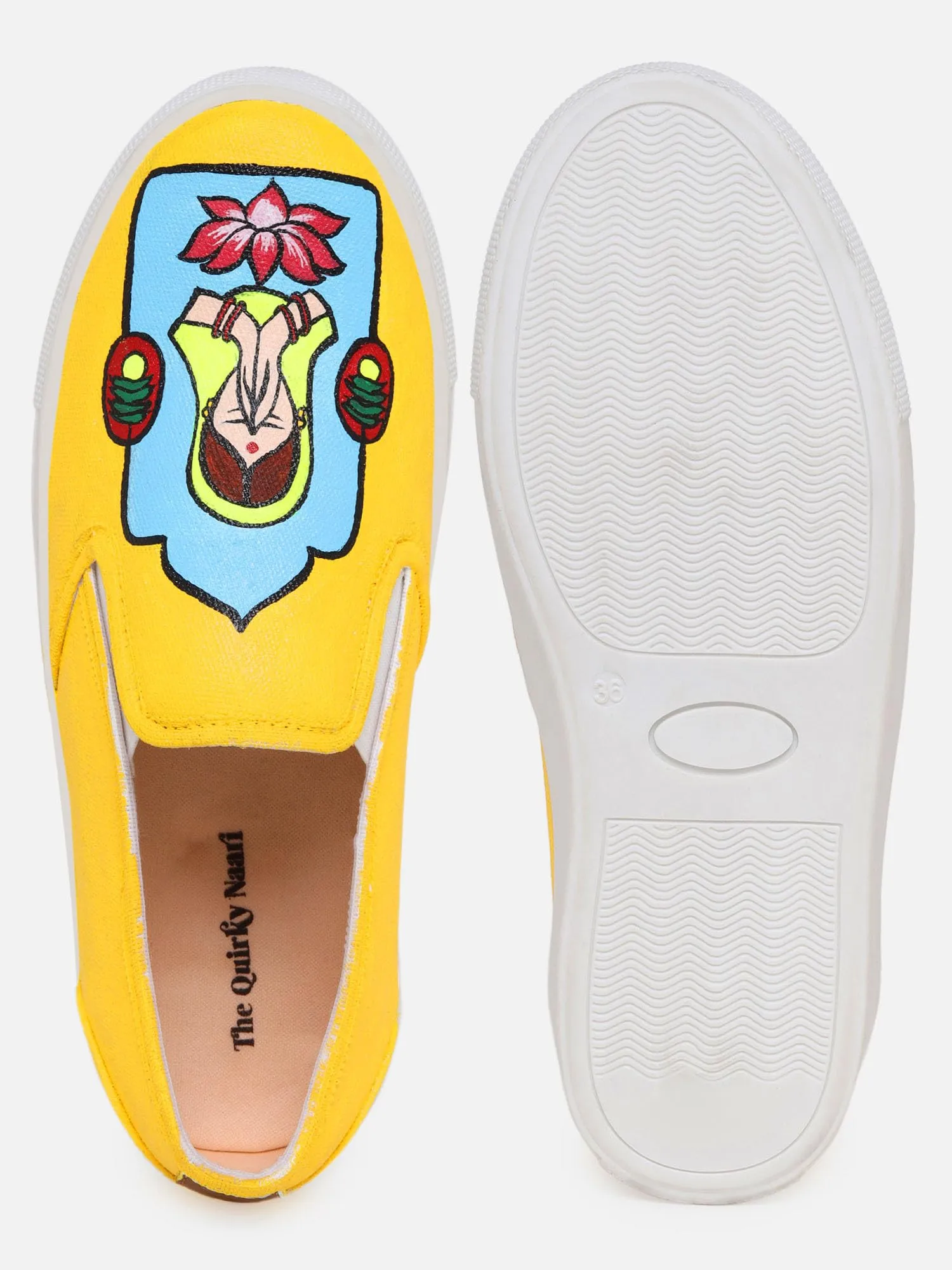 THE QUIRKY NAARI Good Vibes Only Slipons with Some Indian Flair | Yellow | 5 UK