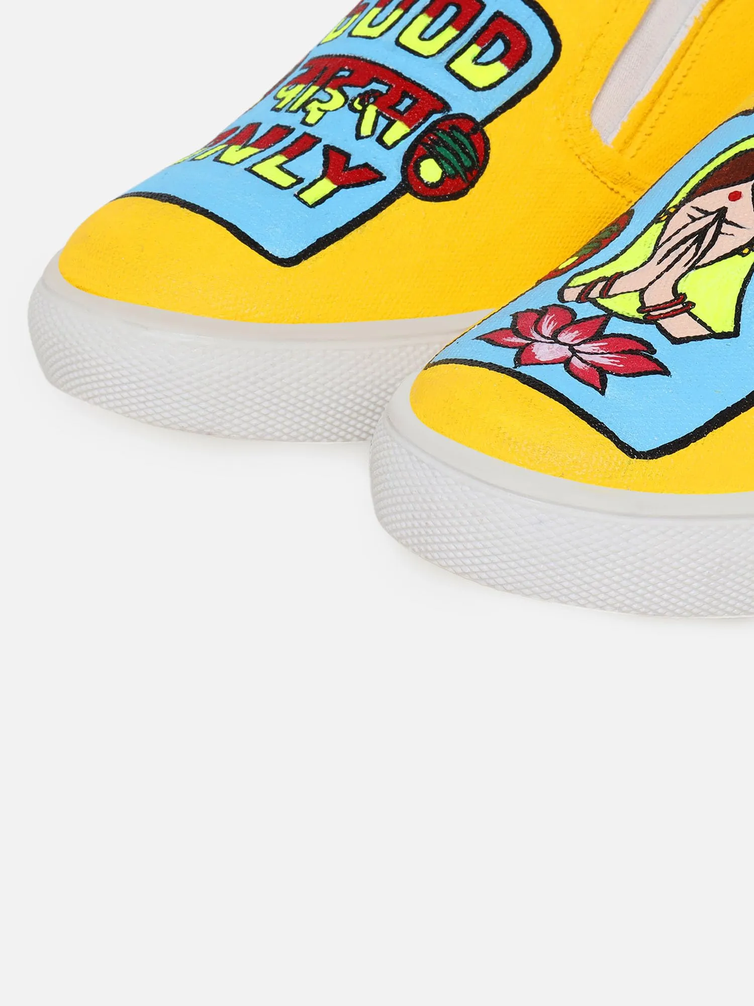 THE QUIRKY NAARI Good Vibes Only Slipons with Some Indian Flair | Yellow | 5 UK