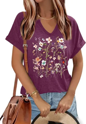 Women's Floral T-Shirts V-Neck Dandelion Sun Flower Graphic Casual Tee Boho Tops Cute Wildflowers Shirts