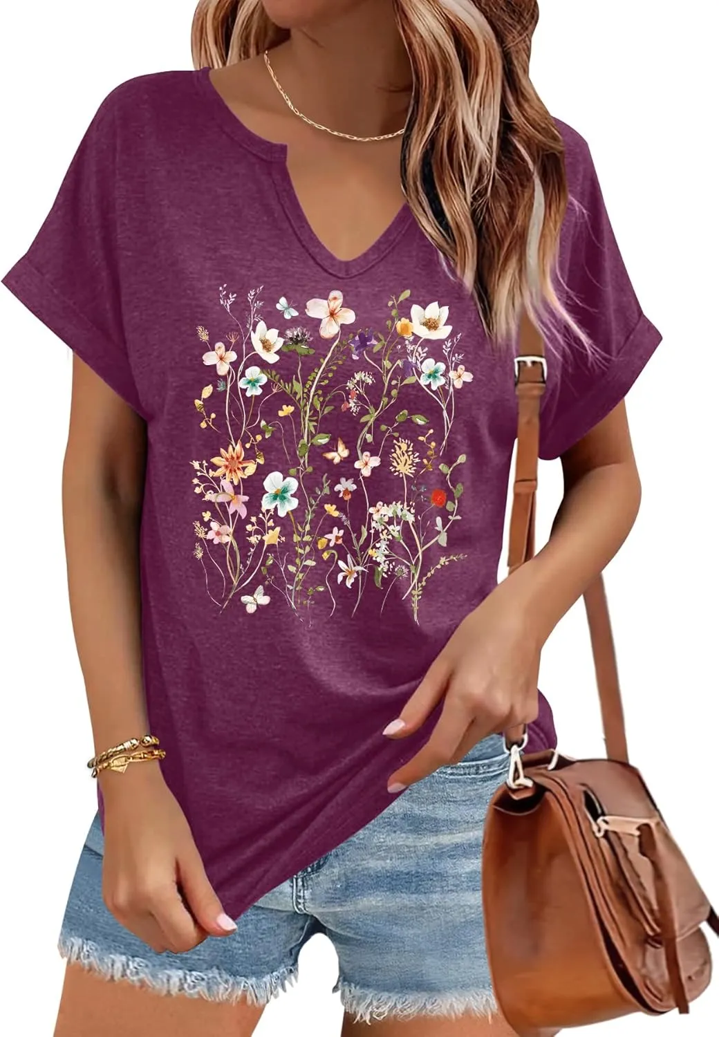 Women's Floral T-Shirts V-Neck Dandelion Sun Flower Graphic Casual Tee Boho Tops Cute Wildflowers Shirts