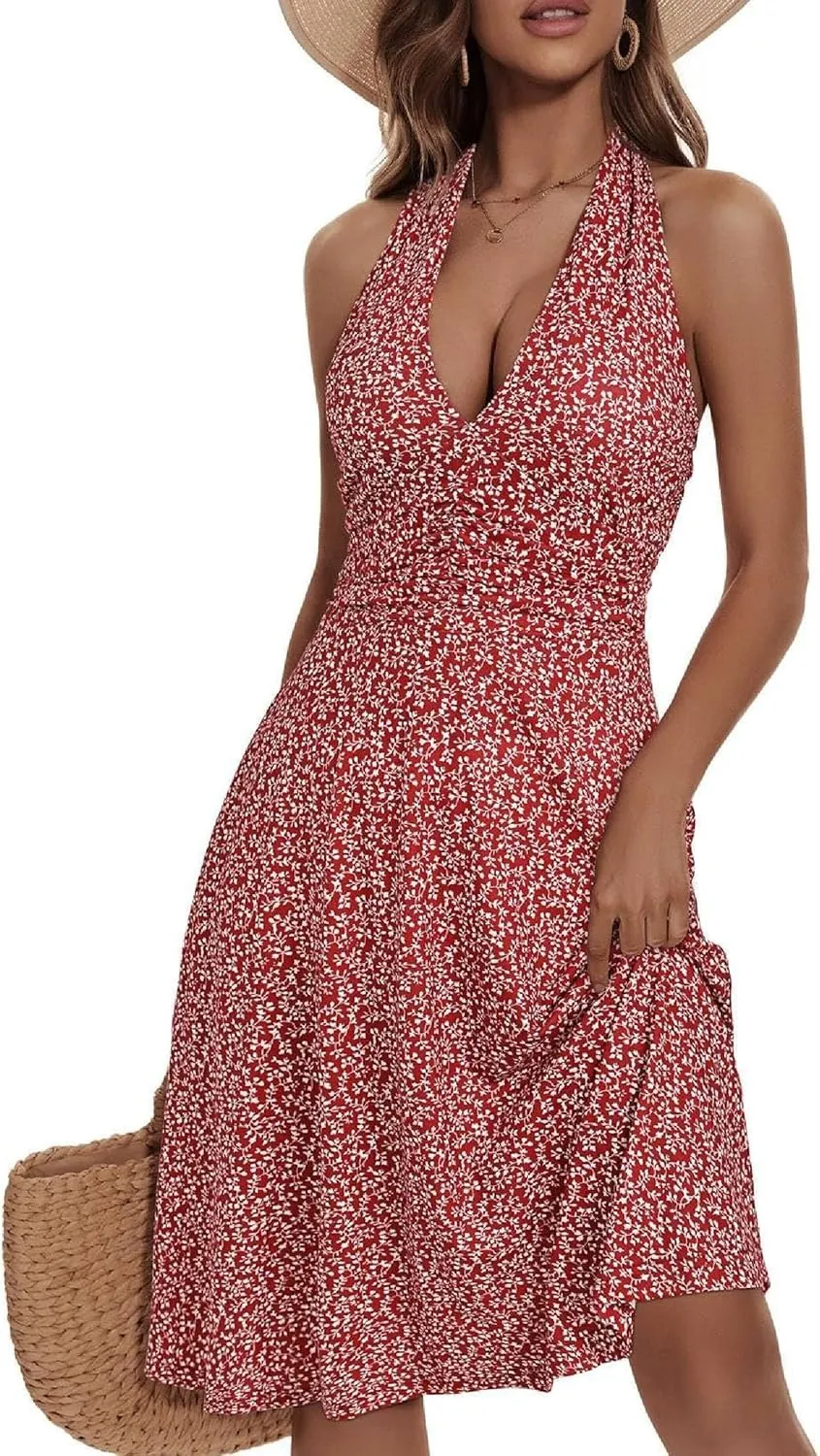 Women's Summer Sundress Sleeveless Halter Neck Spring 2025 Floral with Pocket Elastic Waist Ruffle Mini Dresses