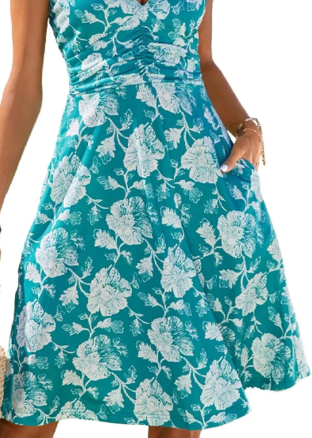 Women's Summer Sundress Sleeveless Halter Neck Spring 2025 Floral with Pocket Elastic Waist Ruffle Mini Dresses