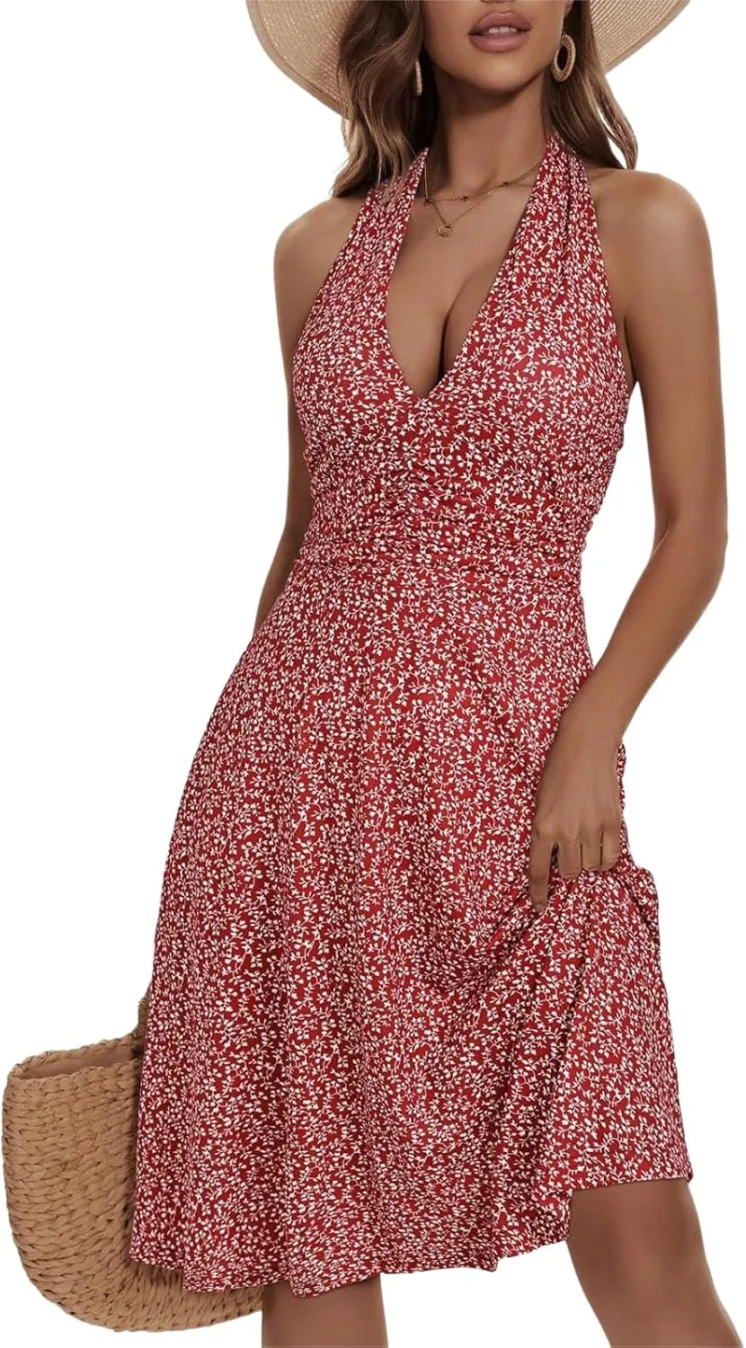 Women's Summer Sundress Sleeveless Halter Neck Spring 2025 Floral with Pocket Elastic Waist Ruffle Mini Dresses