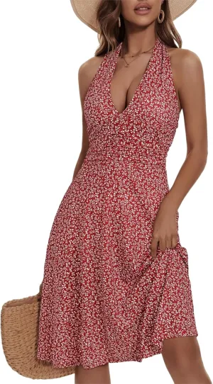 Women's Summer Sundress Sleeveless Halter Neck Spring 2025 Floral with Pocket Elastic Waist Ruffle Mini Dresses