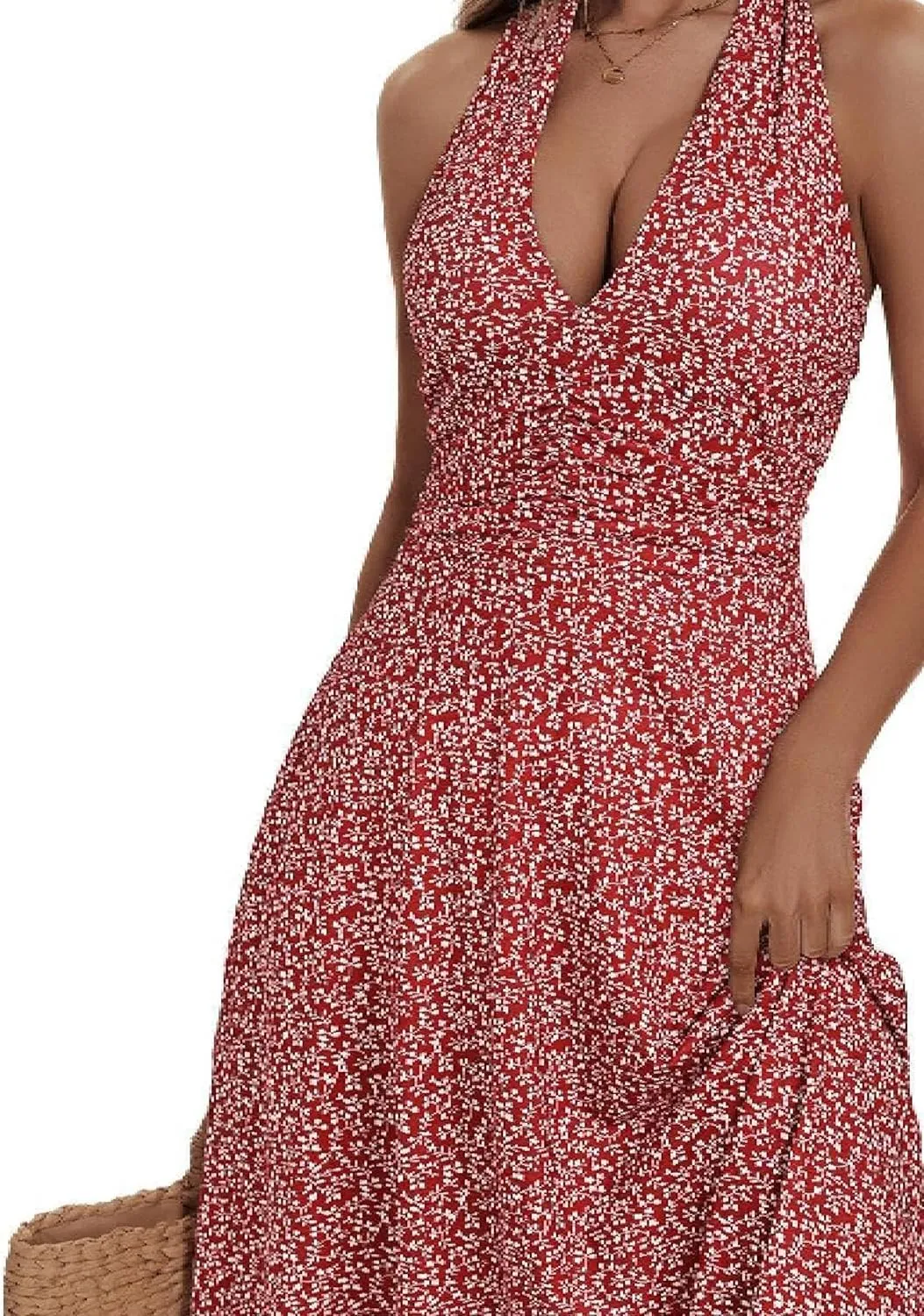Women's Summer Sundress Sleeveless Halter Neck Spring 2025 Floral with Pocket Elastic Waist Ruffle Mini Dresses