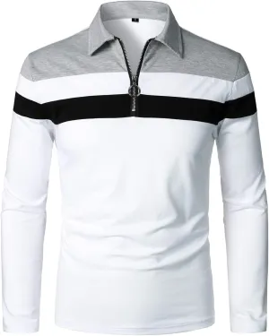 YTD Men's Long Sleeve Polo Shirts Quarter-Zip Casual Slim Fit Lapel Neck Basic Designed Cotton Shirts