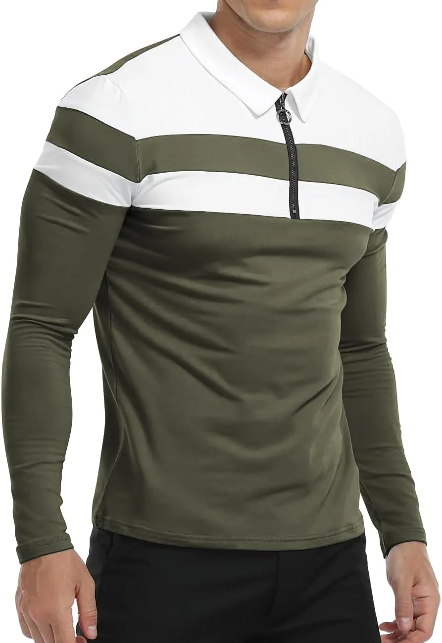 YTD Men's Long Sleeve Polo Shirts Quarter-Zip Casual Slim Fit Lapel Neck Basic Designed Cotton Shirts