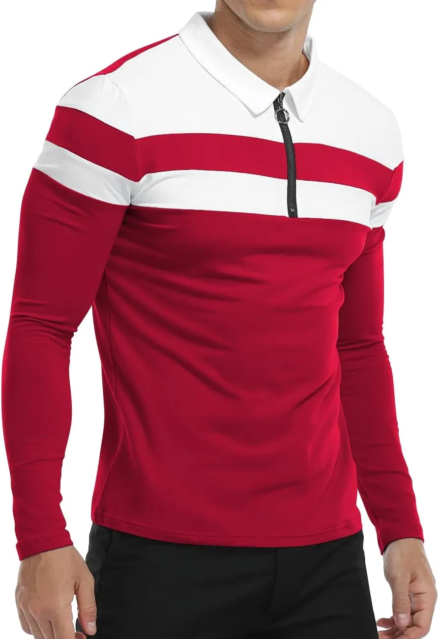 YTD Men's Long Sleeve Polo Shirts Quarter-Zip Casual Slim Fit Lapel Neck Basic Designed Cotton Shirts