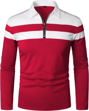 YTD Men's Long Sleeve Polo Shirts Quarter-Zip Casual Slim Fit Lapel Neck Basic Designed Cotton Shirts