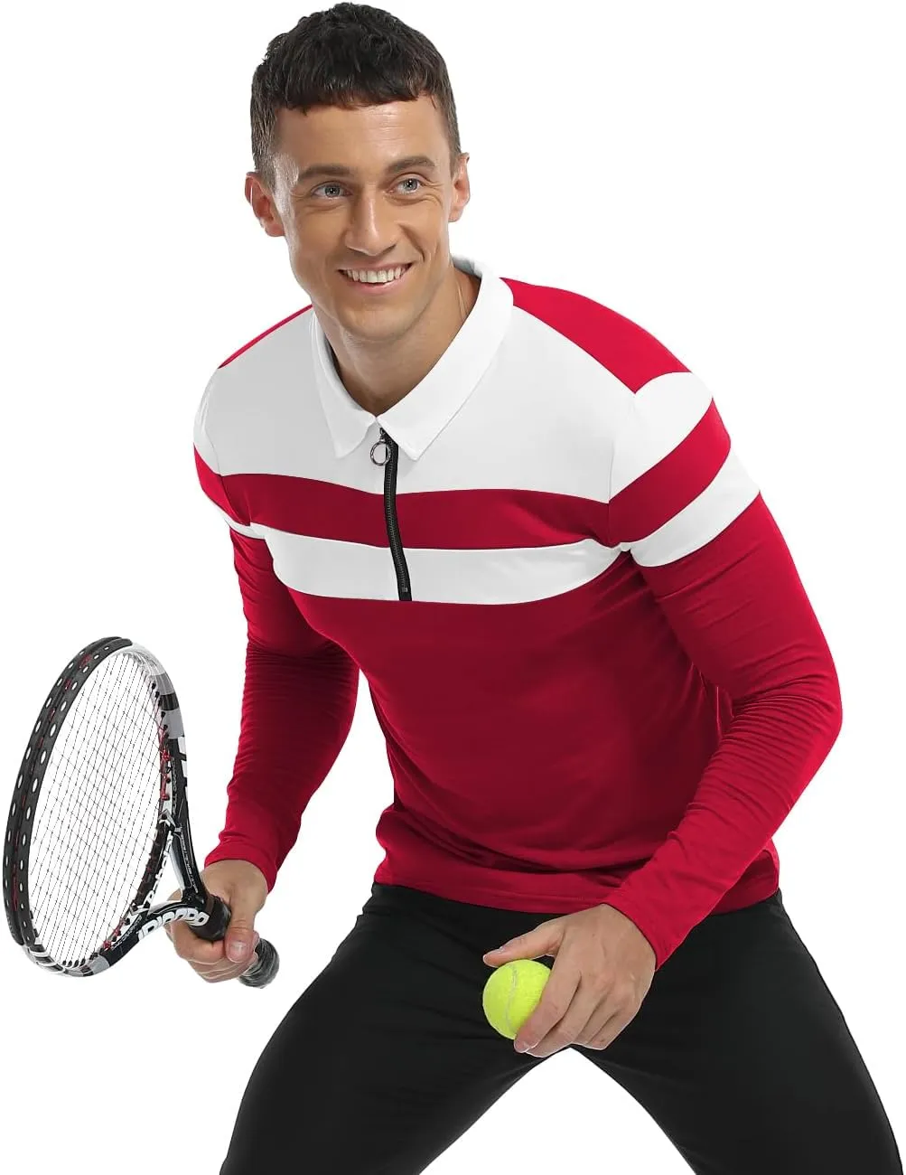 YTD Men's Long Sleeve Polo Shirts Quarter-Zip Casual Slim Fit Lapel Neck Basic Designed Cotton Shirts