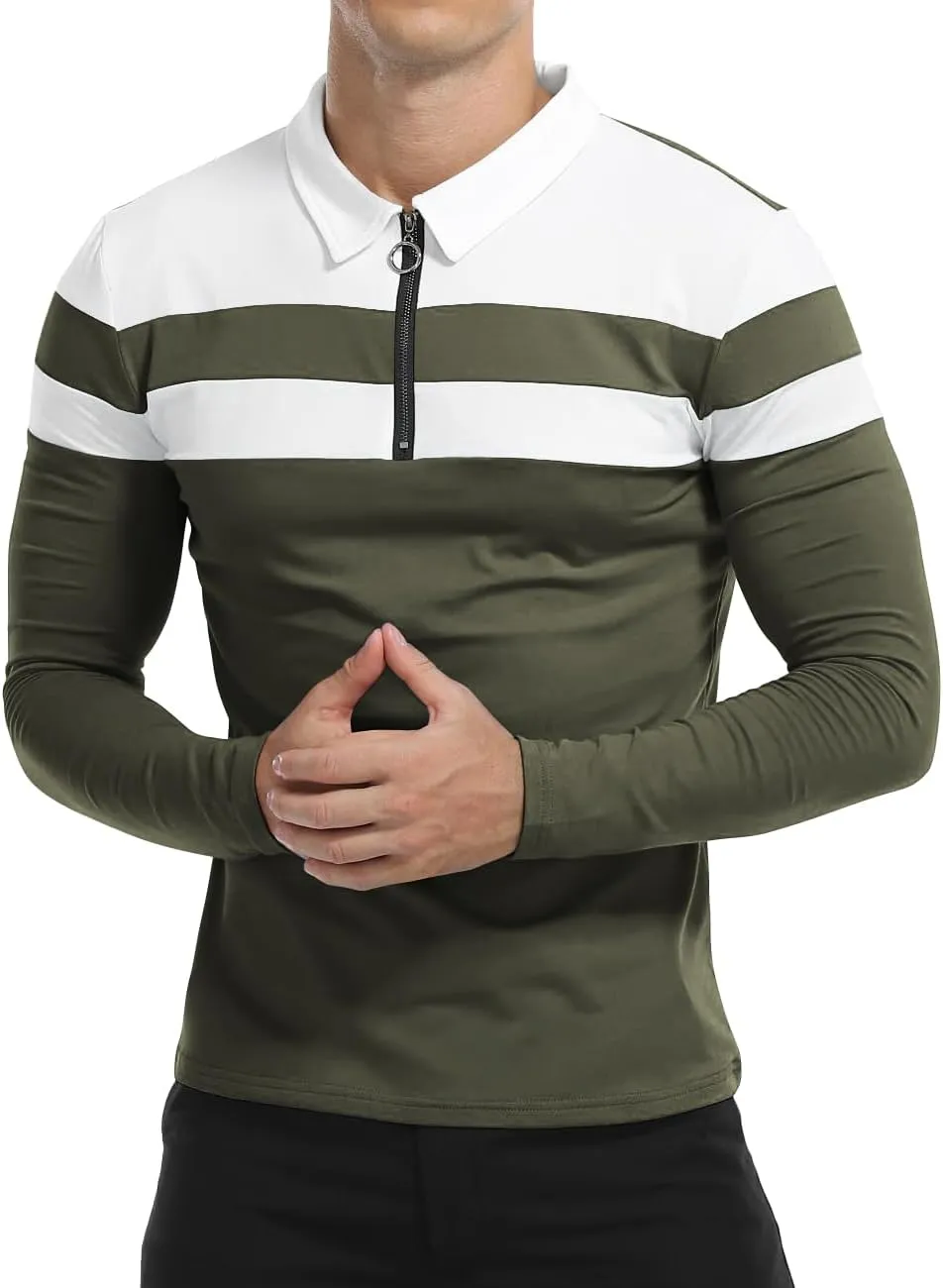 YTD Men's Long Sleeve Polo Shirts Quarter-Zip Casual Slim Fit Lapel Neck Basic Designed Cotton Shirts