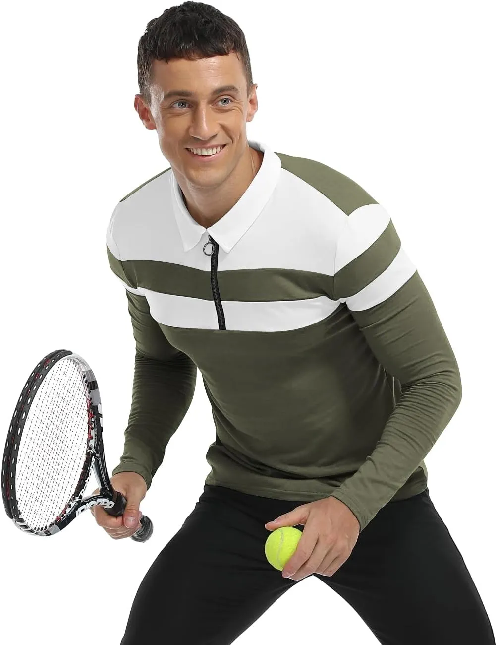 YTD Men's Long Sleeve Polo Shirts Quarter-Zip Casual Slim Fit Lapel Neck Basic Designed Cotton Shirts