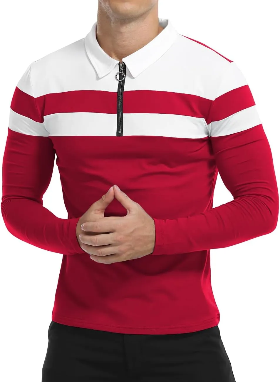 YTD Men's Long Sleeve Polo Shirts Quarter-Zip Casual Slim Fit Lapel Neck Basic Designed Cotton Shirts