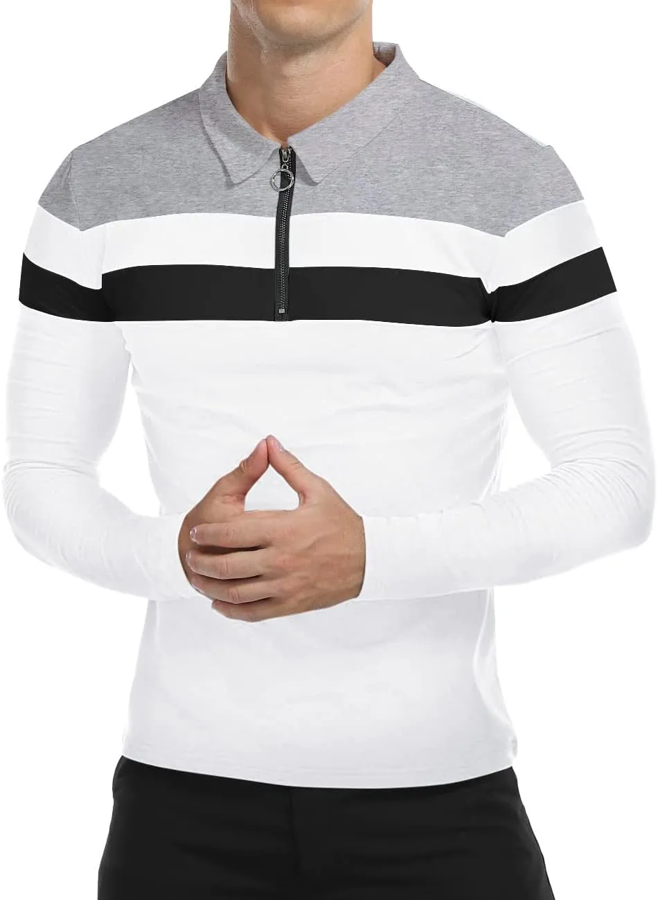 YTD Men's Long Sleeve Polo Shirts Quarter-Zip Casual Slim Fit Lapel Neck Basic Designed Cotton Shirts