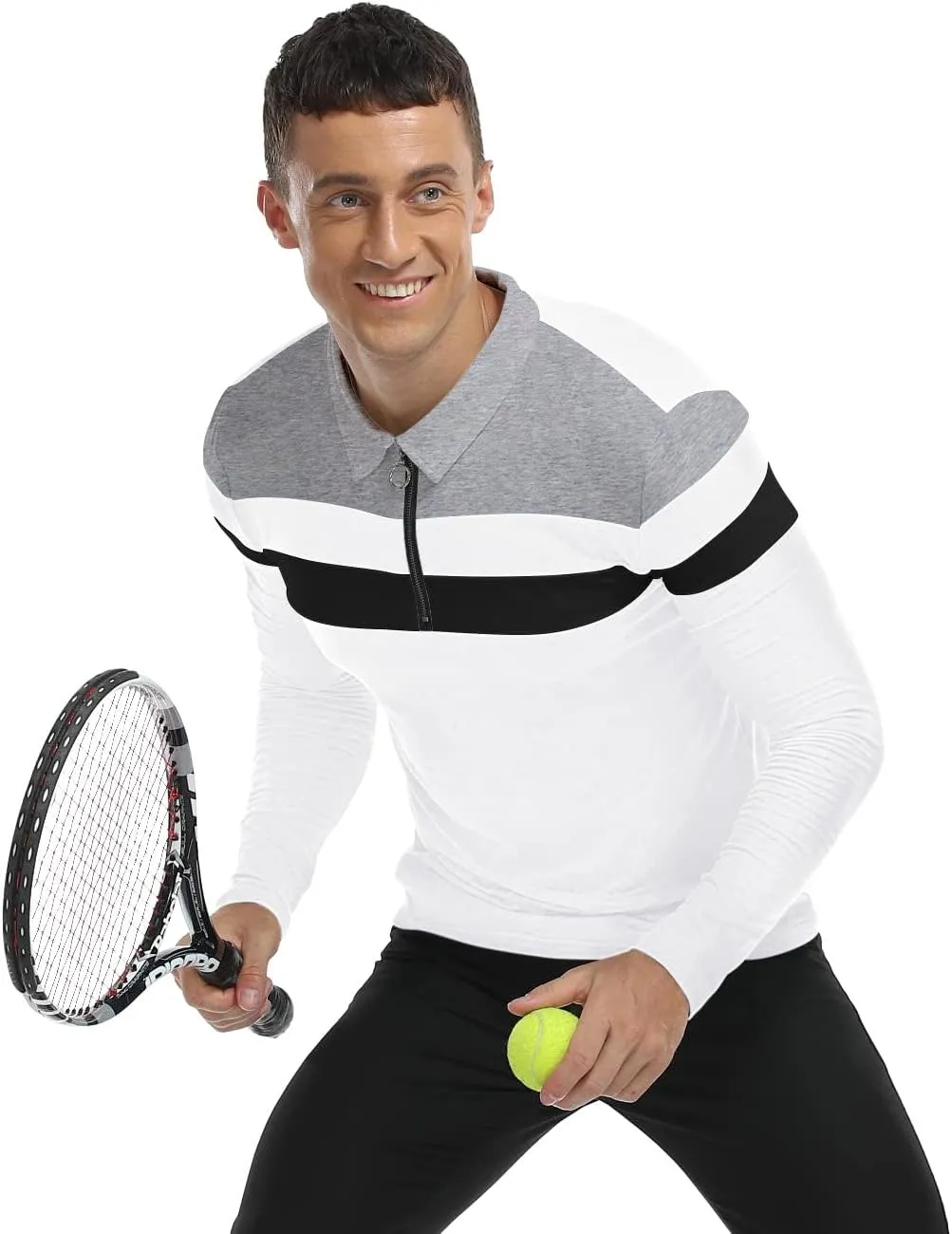 YTD Men's Long Sleeve Polo Shirts Quarter-Zip Casual Slim Fit Lapel Neck Basic Designed Cotton Shirts