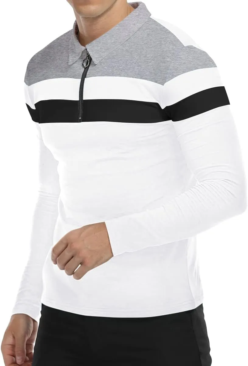 YTD Men's Long Sleeve Polo Shirts Quarter-Zip Casual Slim Fit Lapel Neck Basic Designed Cotton Shirts