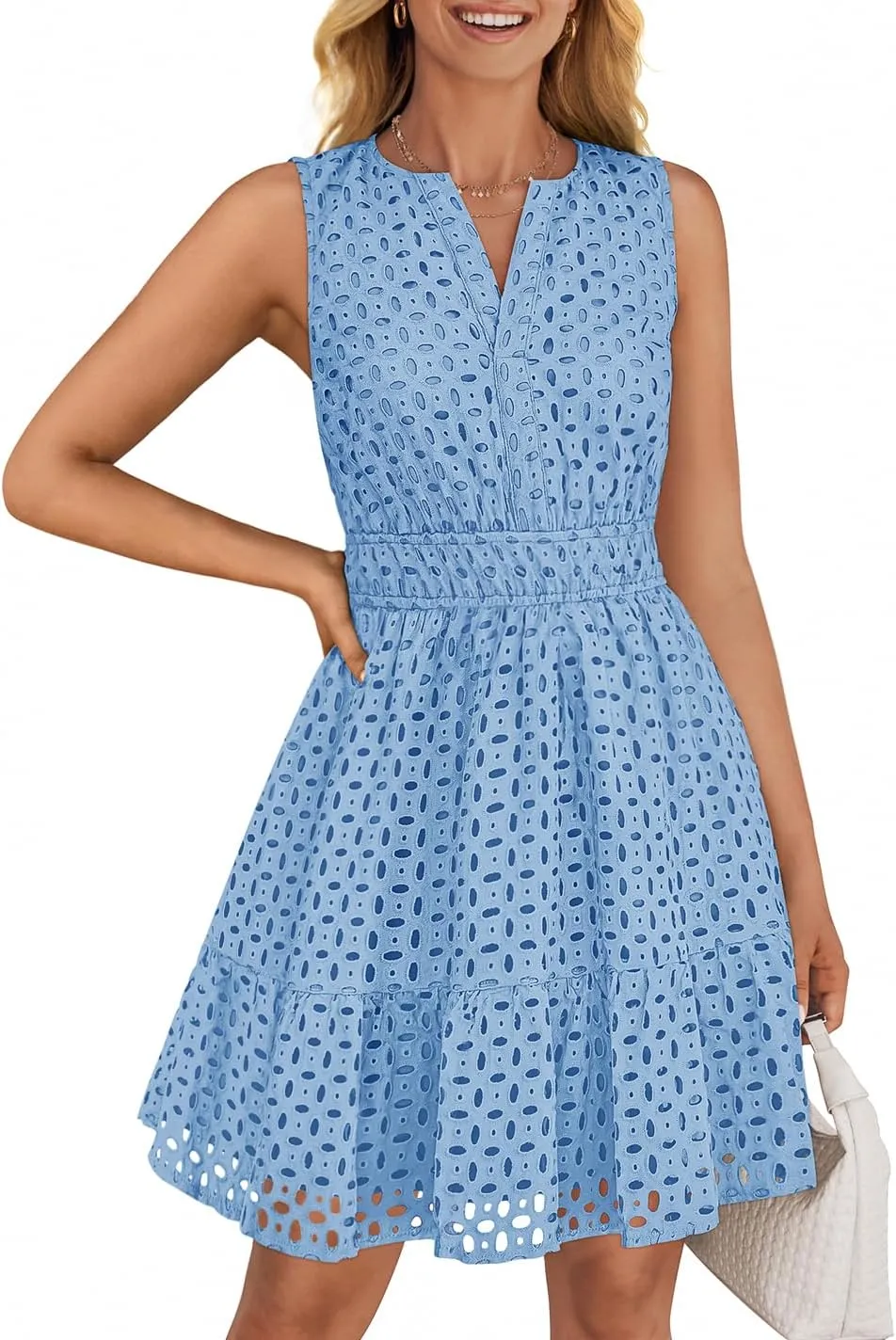 ZESICA Women's Summer Sleeveless Mini Dress V Neck Hollow Out Eyelet High Waist A Line Swing Short Party Dresses