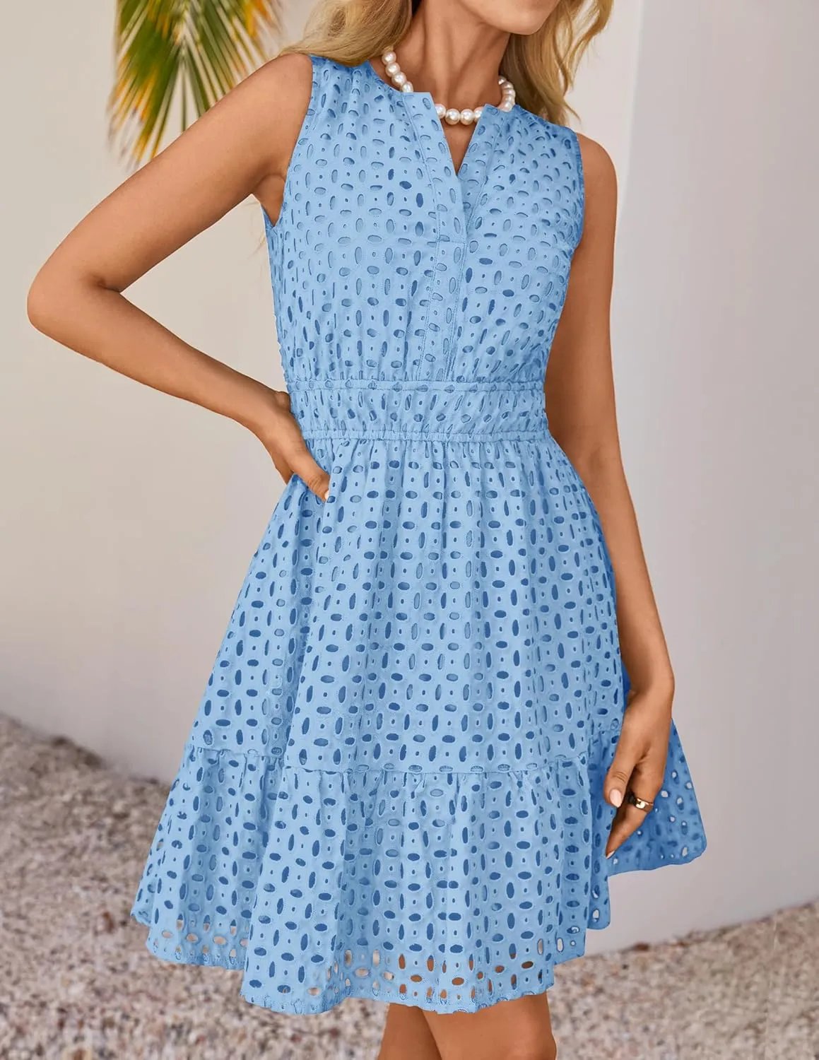 ZESICA Women's Summer Sleeveless Mini Dress V Neck Hollow Out Eyelet High Waist A Line Swing Short Party Dresses