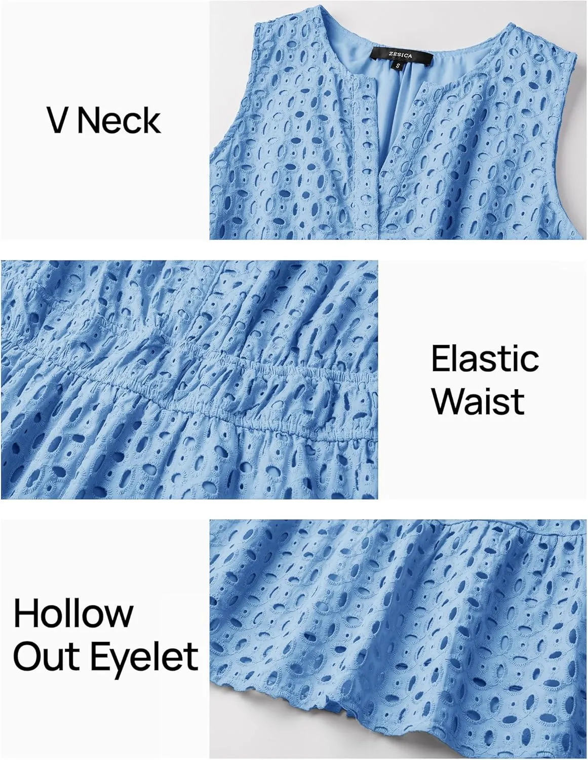 ZESICA Women's Summer Sleeveless Mini Dress V Neck Hollow Out Eyelet High Waist A Line Swing Short Party Dresses