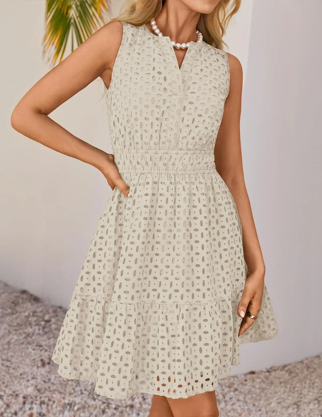ZESICA Women's Summer Sleeveless Mini Dress V Neck Hollow Out Eyelet High Waist A Line Swing Short Party Dresses