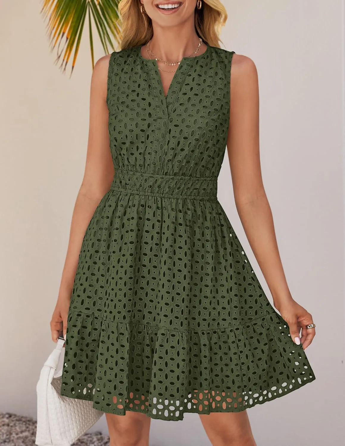 ZESICA Women's Summer Sleeveless Mini Dress V Neck Hollow Out Eyelet High Waist A Line Swing Short Party Dresses