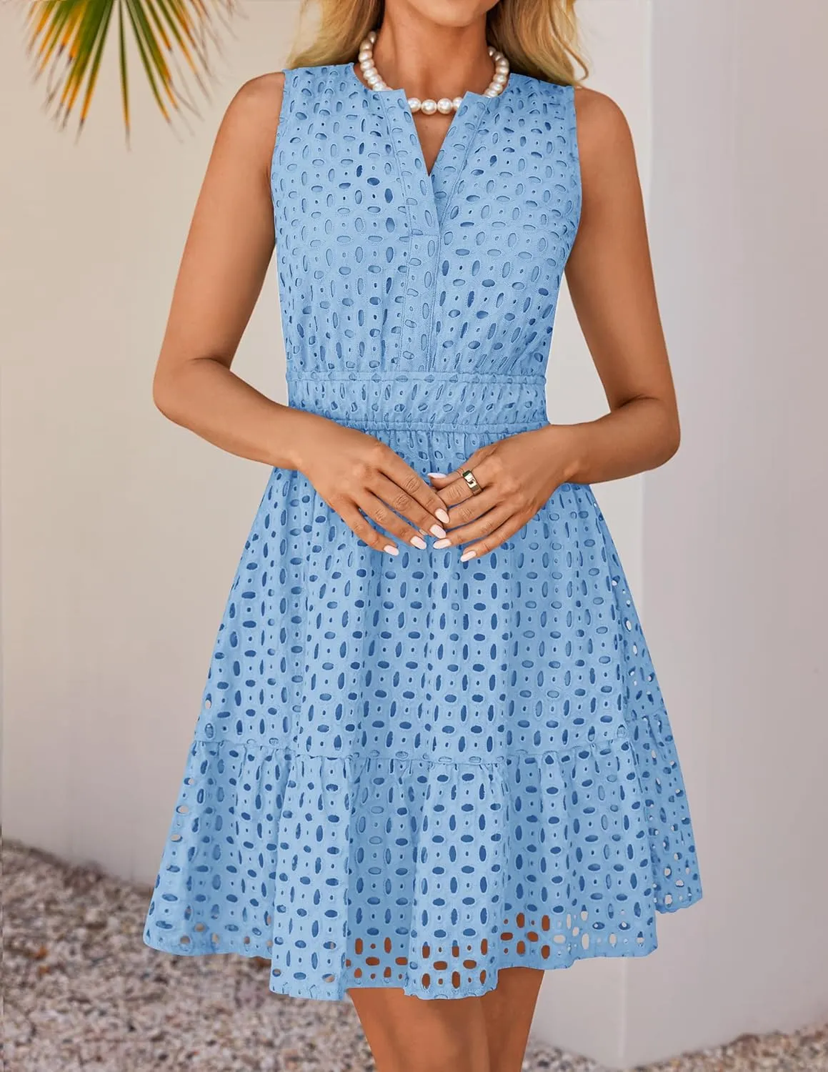 ZESICA Women's Summer Sleeveless Mini Dress V Neck Hollow Out Eyelet High Waist A Line Swing Short Party Dresses