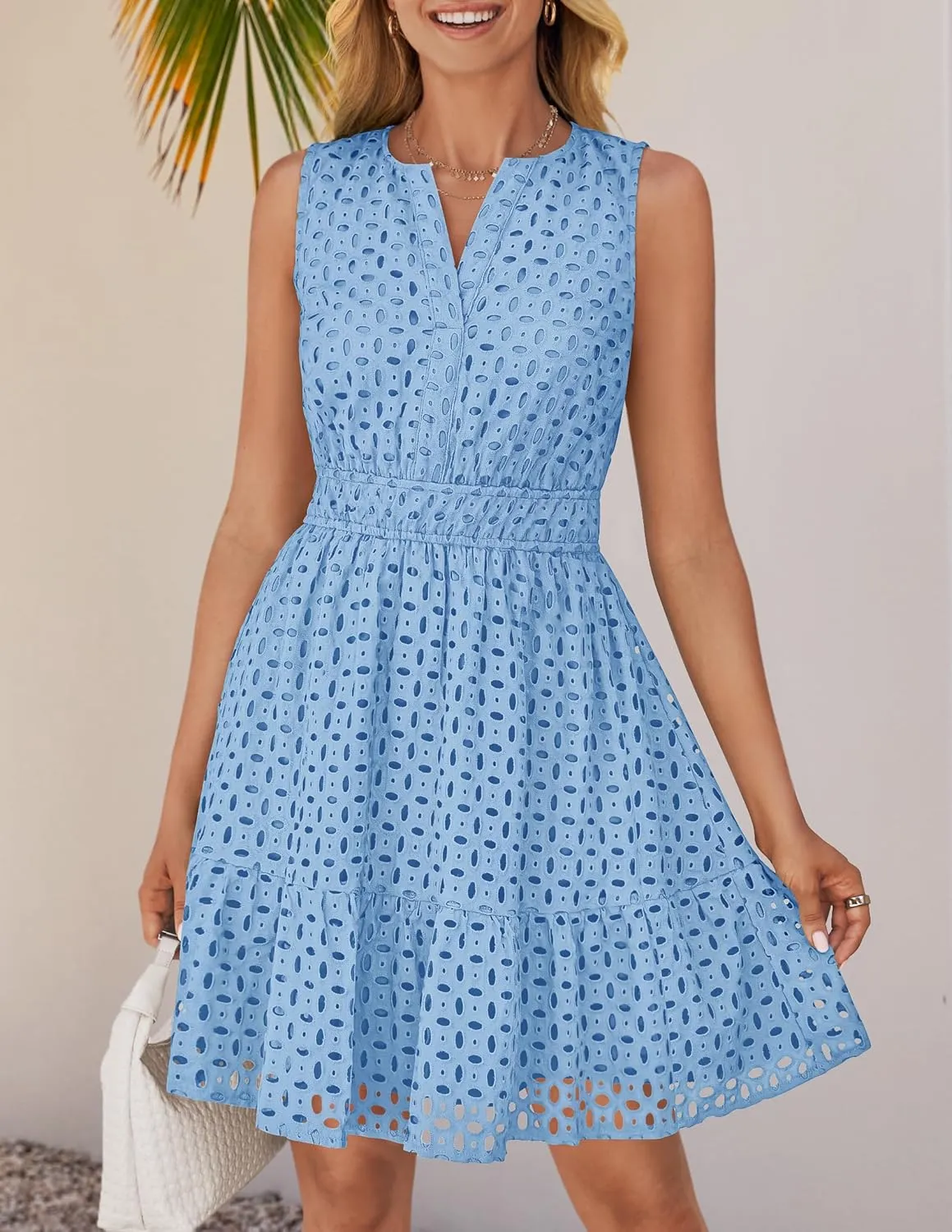ZESICA Women's Summer Sleeveless Mini Dress V Neck Hollow Out Eyelet High Waist A Line Swing Short Party Dresses