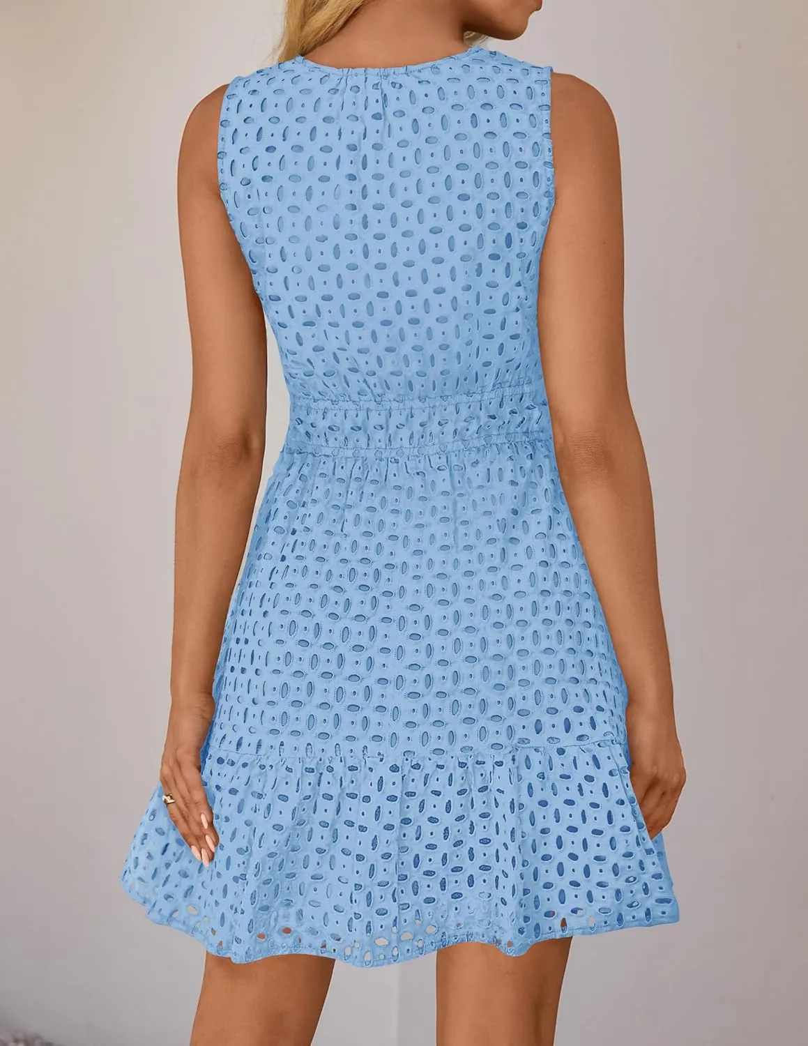 ZESICA Women's Summer Sleeveless Mini Dress V Neck Hollow Out Eyelet High Waist A Line Swing Short Party Dresses