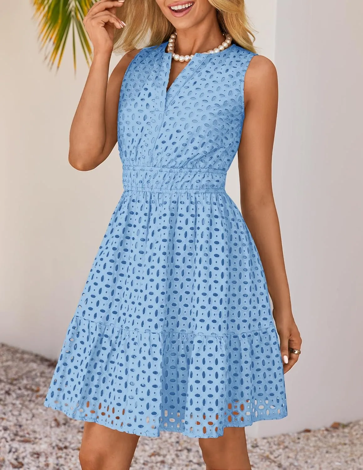 ZESICA Women's Summer Sleeveless Mini Dress V Neck Hollow Out Eyelet High Waist A Line Swing Short Party Dresses